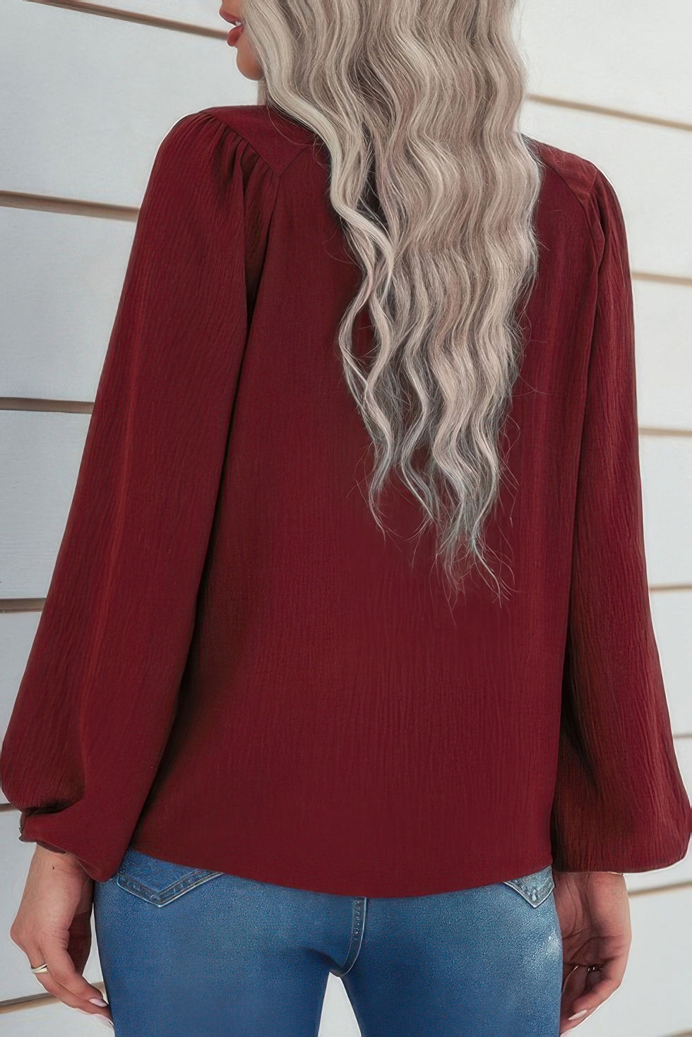 Thumbnail: Crew Neck Solid Long Lantern Sleeve Shirt
