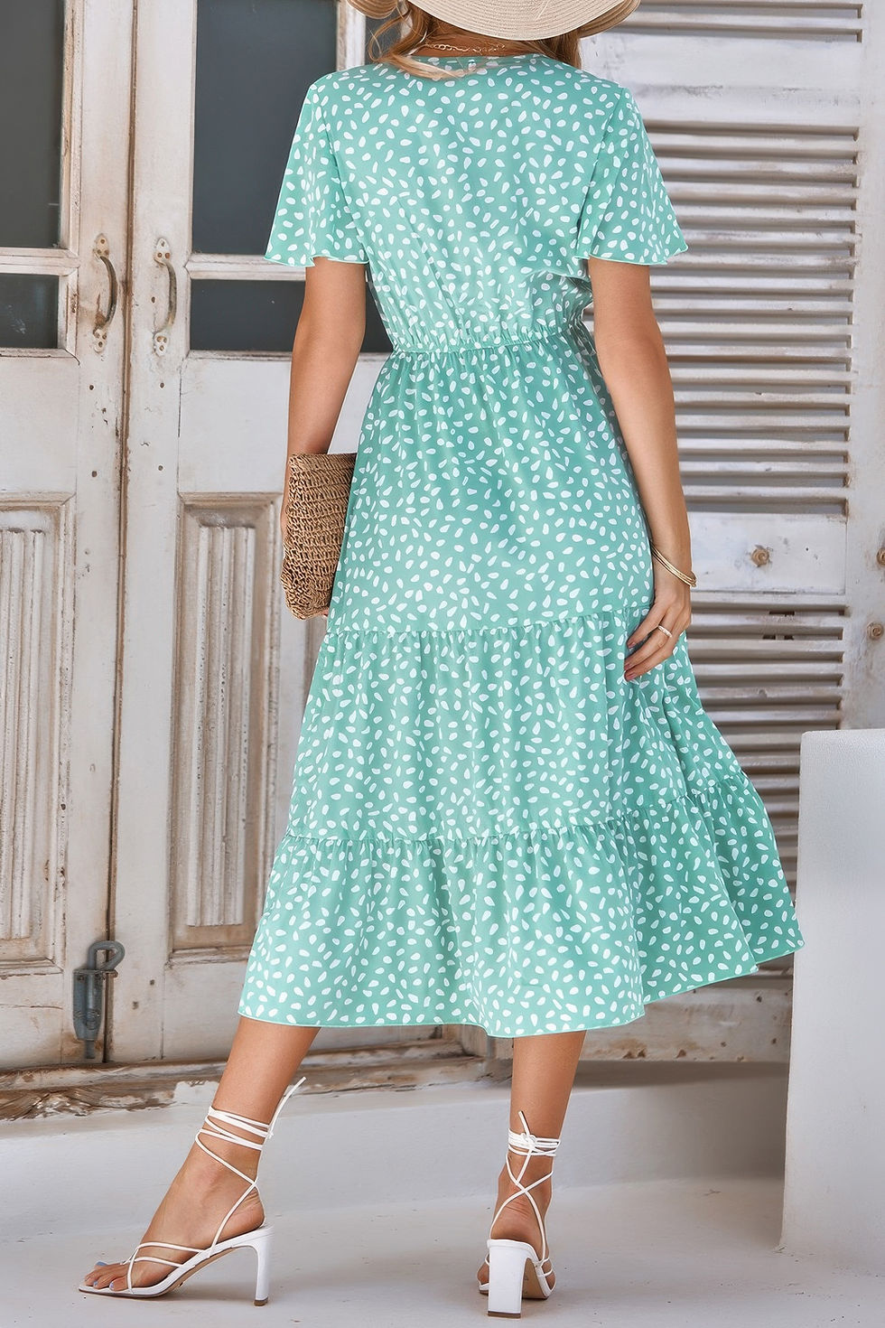 Thumbnail: V Neck Ruffles Tiered Sleeve Smocked Midi Dress