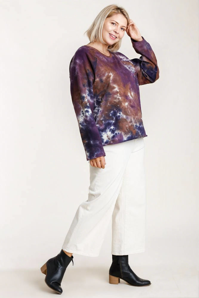 Thumbnail: French Terry Tie-dye Raglan Long Sleeve Top With Raw Hem