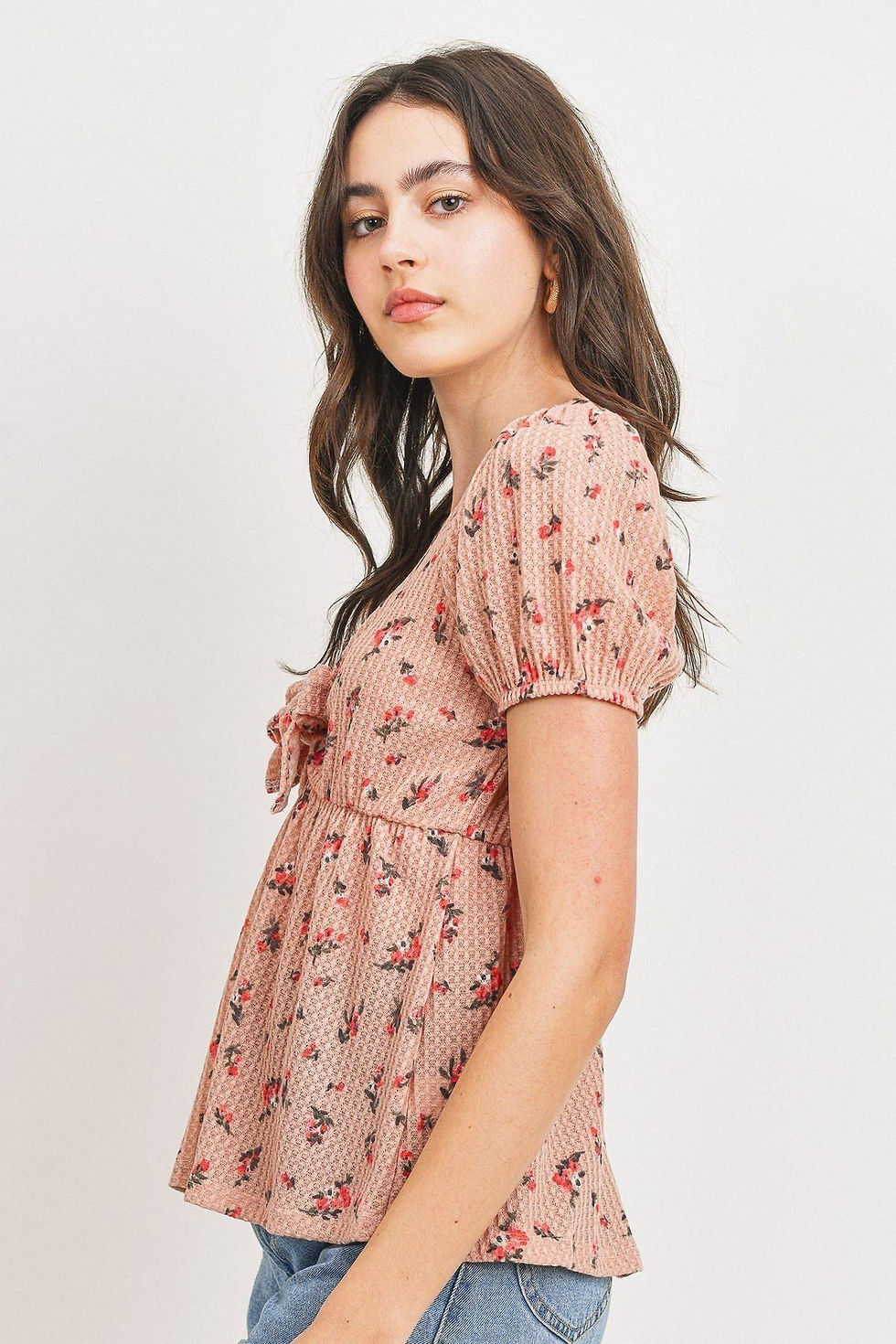 Thumbnail: Front Tie Floral Waffle Top