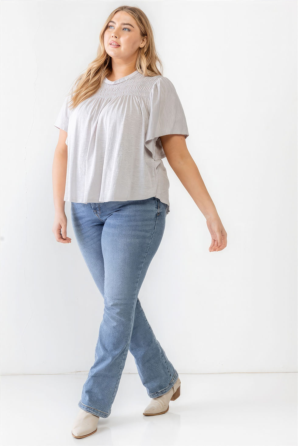 Thumbnail: Plus Grey Cotton Blend Smoked Short Sleeve Top