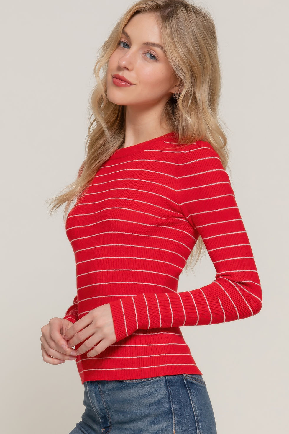 Thumbnail: Long slv crew neck stripe sweater   