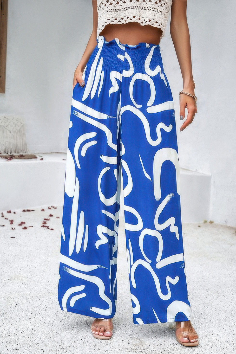 Thumbnail: Allover Print Folded Frill Wide Leg High Waist Pant