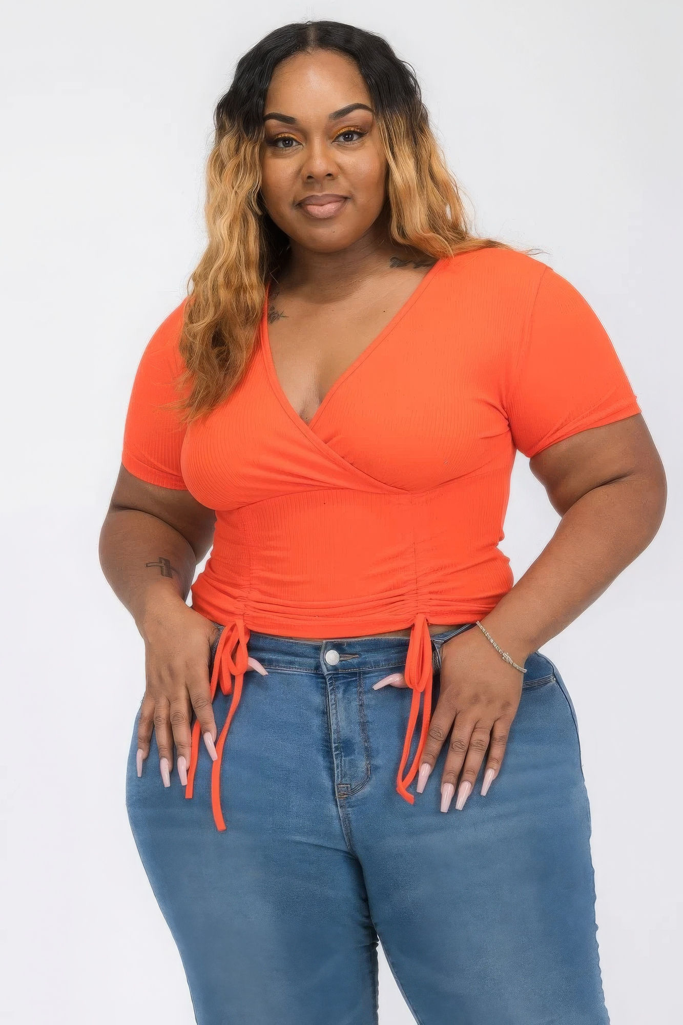 Plus Ribbed Ruched Drawstring Surplice Top