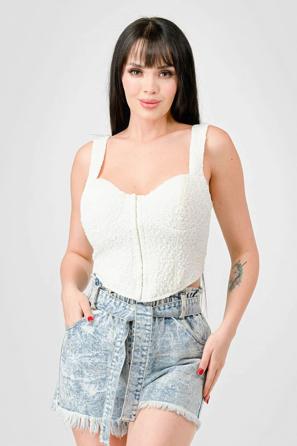 Thumbnail: Crinkle Stretch Knit Sweetheart Hooked Bustier Cropped Top