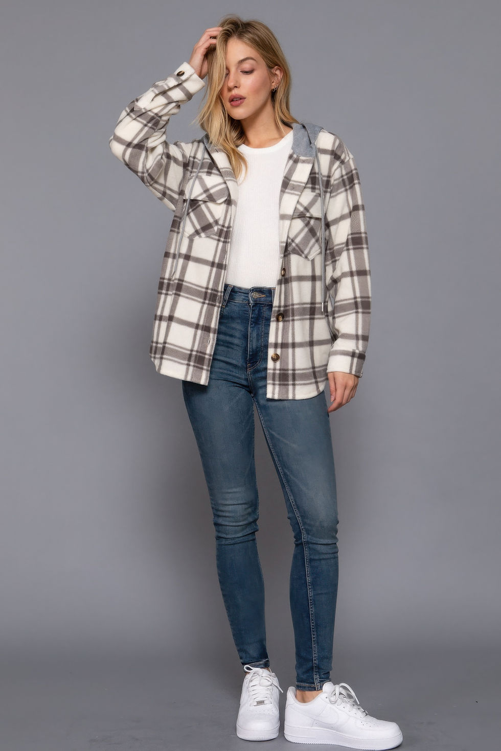 Thumbnail: Plaid Print Hoodie Fleece Jacket       