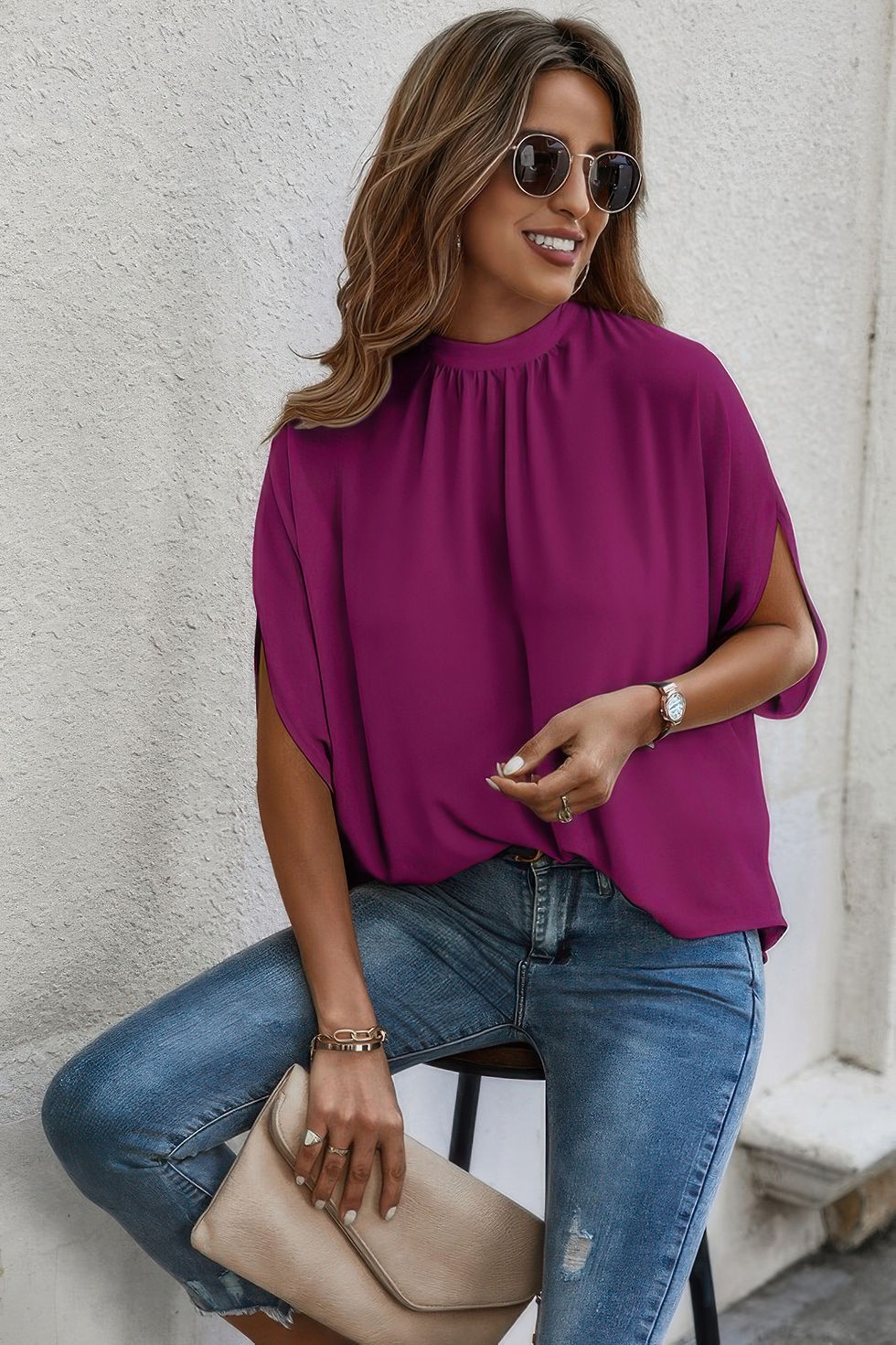 Thumbnail: Mock Neck Batwing Sleeve Solid Loose Blouse