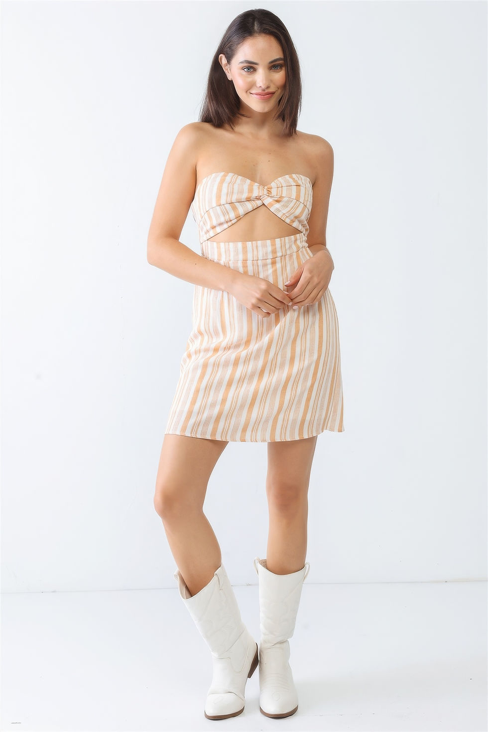 Thumbnail: White & Apricot Stripe Print Strapless Twist Cut-out Smocked Back Mini Dress