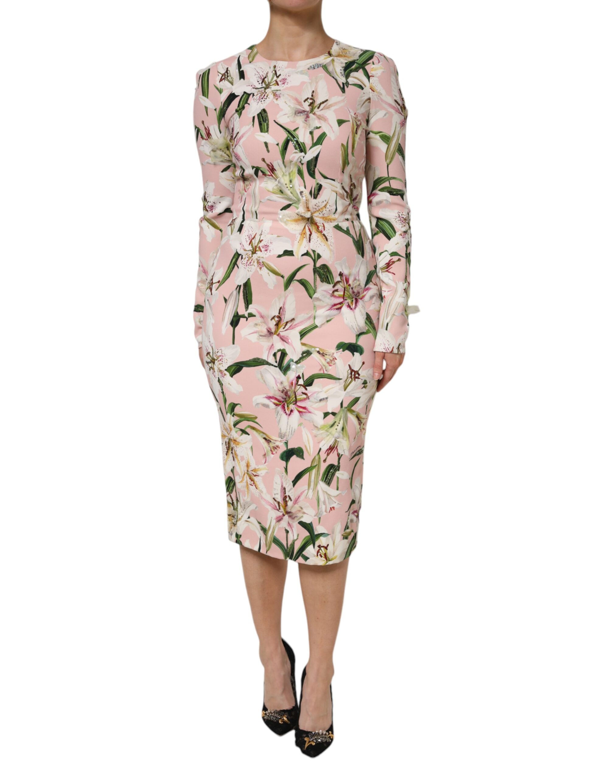 Dolce & Gabbana Pink Lily Viscose Sheath Stretch Midi Dress
