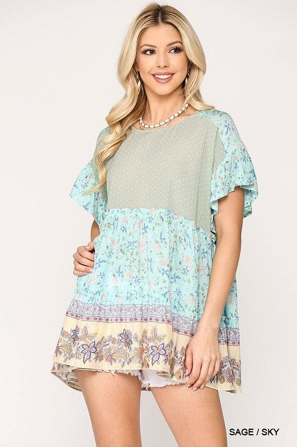 Thumbnail: Dot And Floral Print Mixed Ruffle Top With Back Keyhole