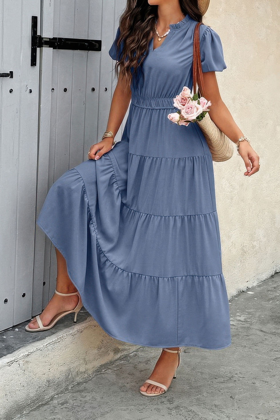 Thumbnail: Solid V Neck Color Block Elastic Waist Dress