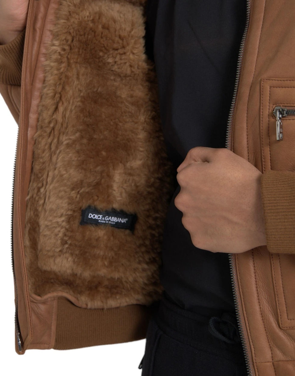 Thumbnail: Dolce & Gabbana Brown Leather Fur Button Biker Coat Jacket