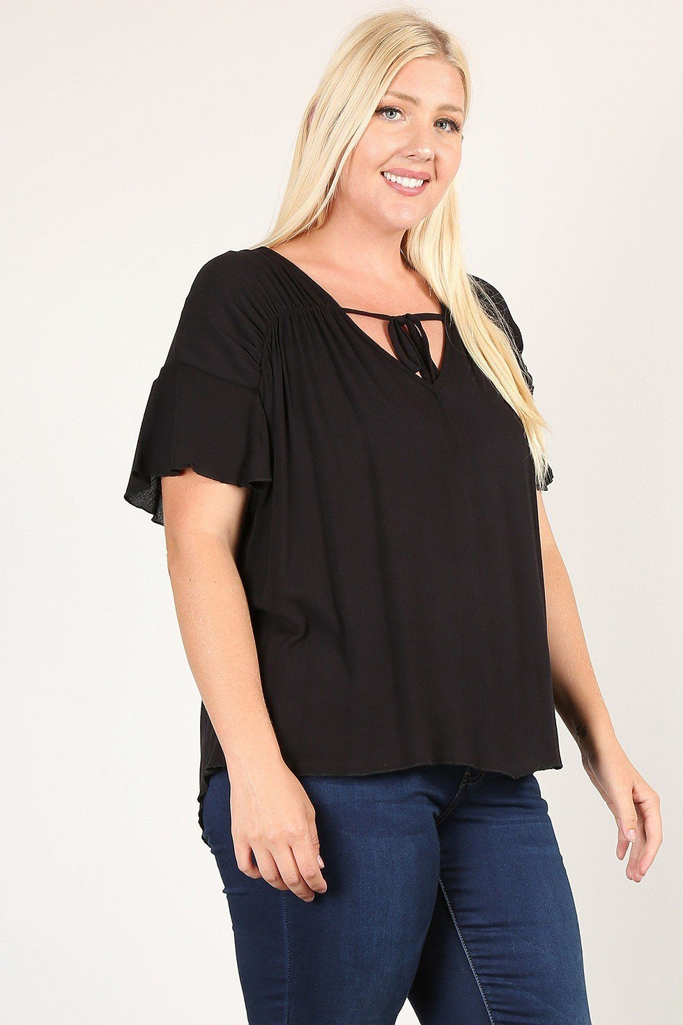 Thumbnail: Plus Size Solid Top With A Necktie, Pleated Detail, And Flutter Sleeves
