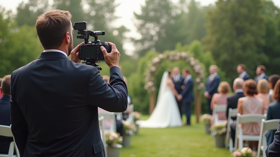 Eye-level view of a videographer filming a wedding ceremony outdoors
