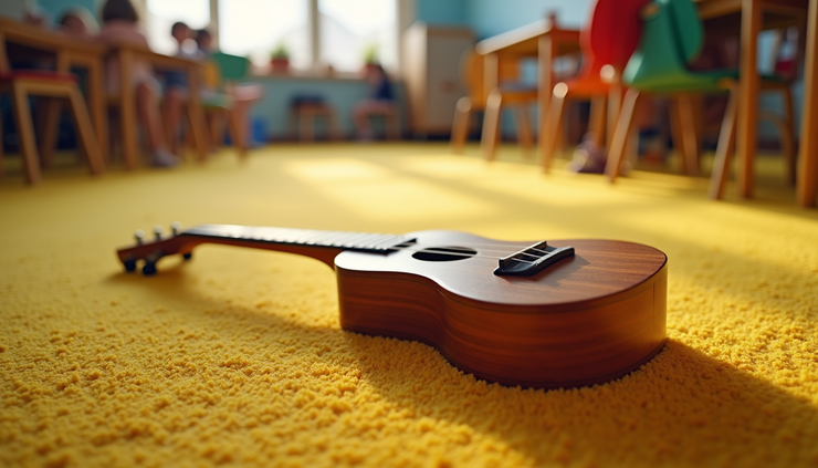 Close-up of a ukulele resting on a colorful carpet in a music classroom