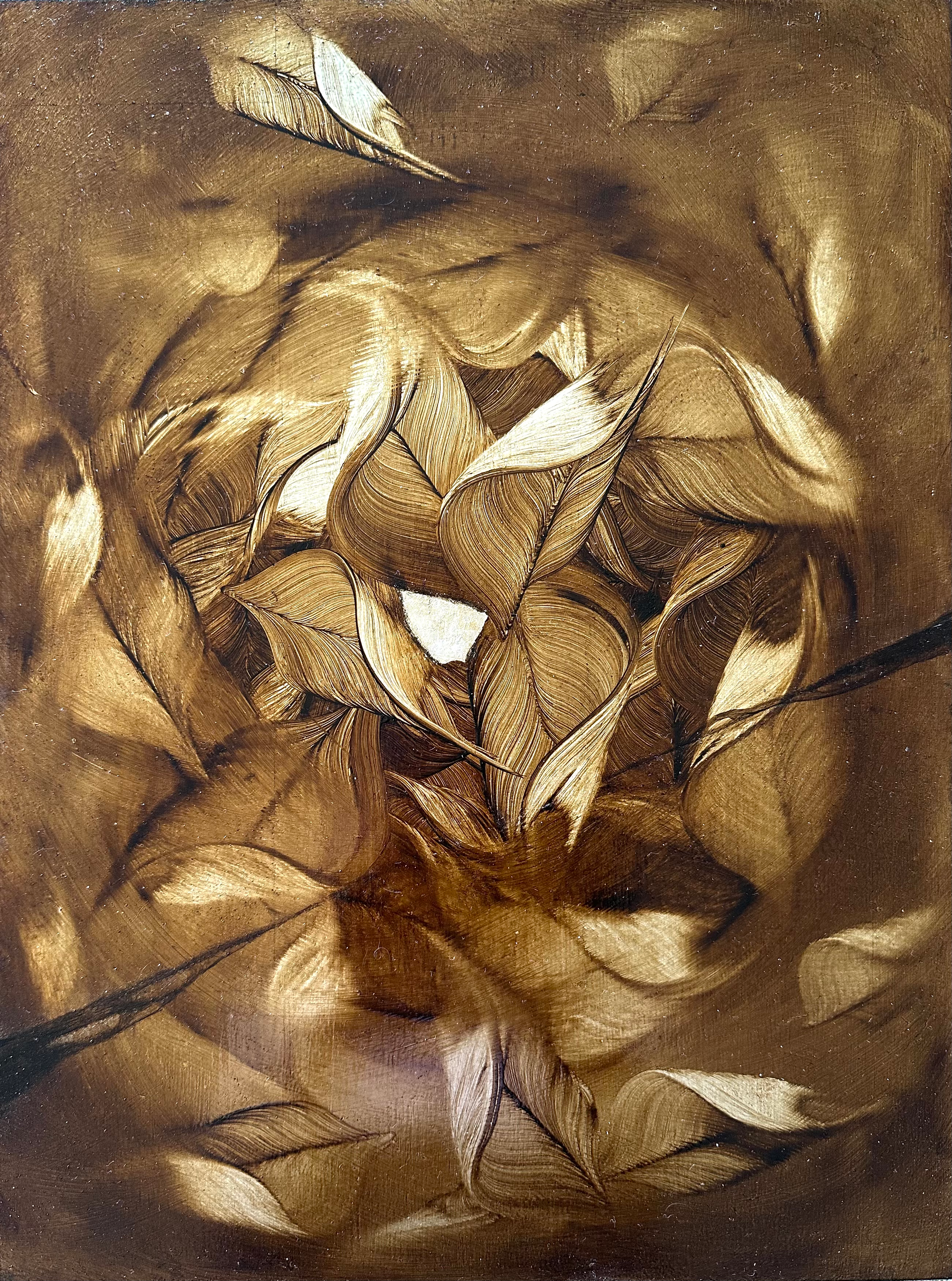 Wirbel aus goldenen und cremefarbenen Blättern, Öl auf Holzpaneel, warmes Hochformat
