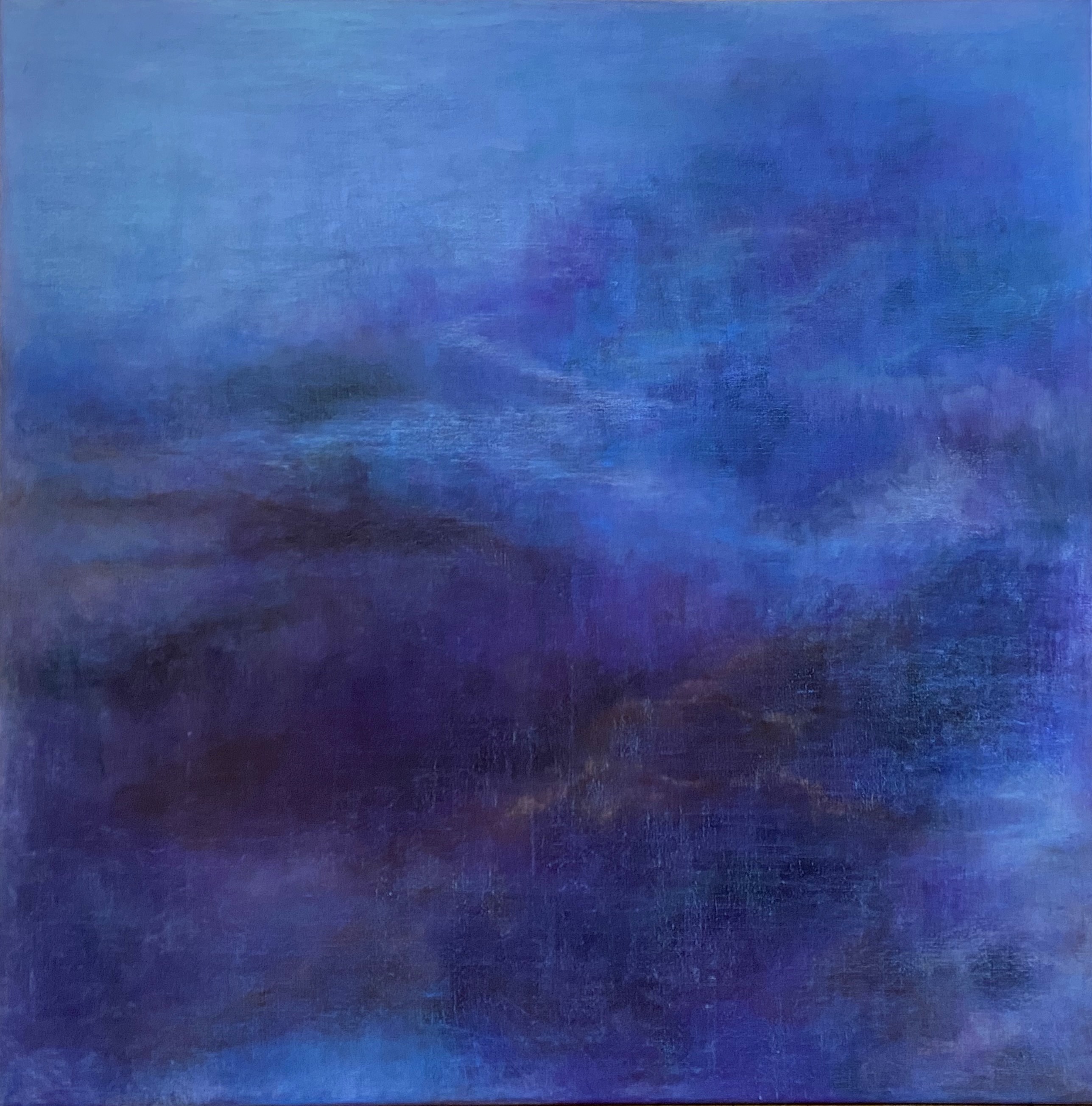 Violettblaue Nebellandschaft in weichen Schichten, Öl auf Leinwand, Querformat