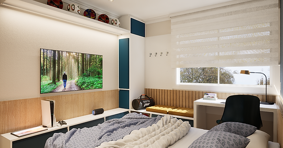      quarto com cama baú e uma mesa acoplada com um balcão que vira um banco com fótons