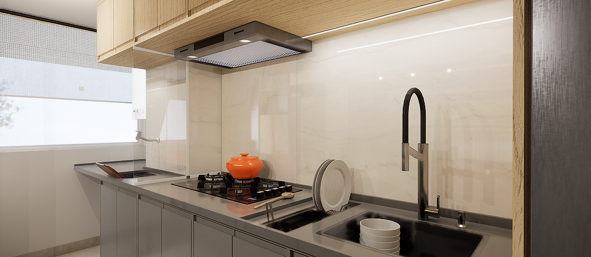 Cozinha com tampo em quartzo cinza e porcelanato carrara na parede