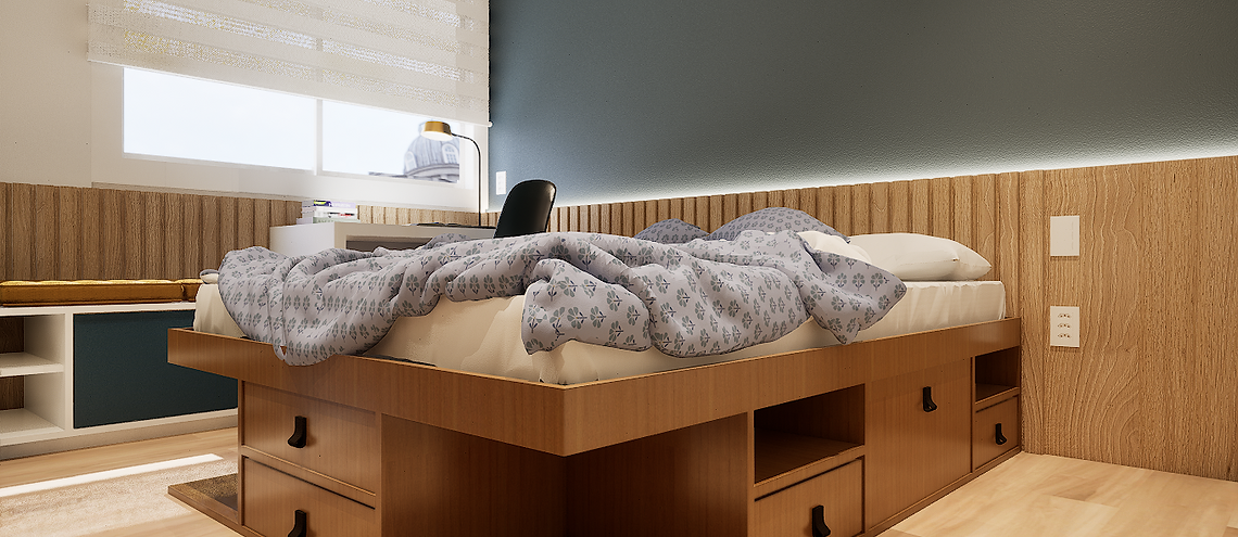 quarto com cama baú, lùminarias e fótons dourado para combinar com a parede azul