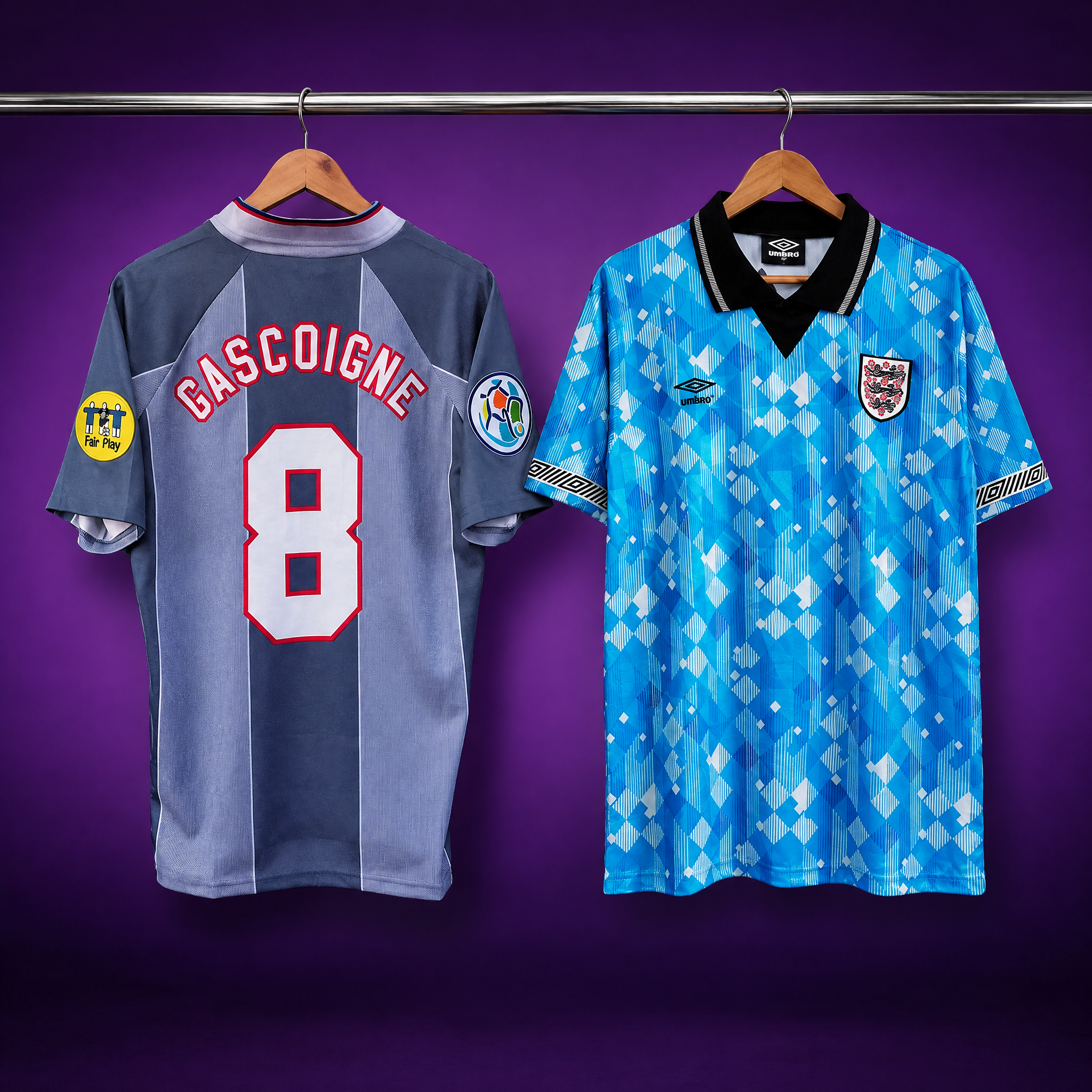 England 90s Pair: Gascoigne Euro 1996 + England 1990 Away (2 shirts)