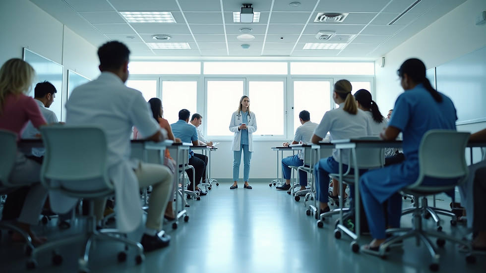 Eye-level view of a modern healthcare classroom with students engaged in learning