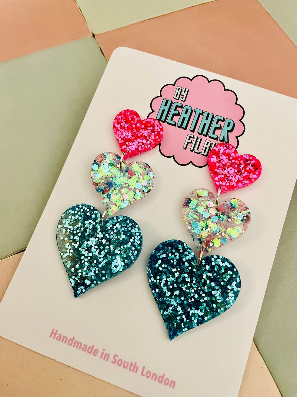 Thumbnail: X Large Triple Heart Glitter Resin Earrings