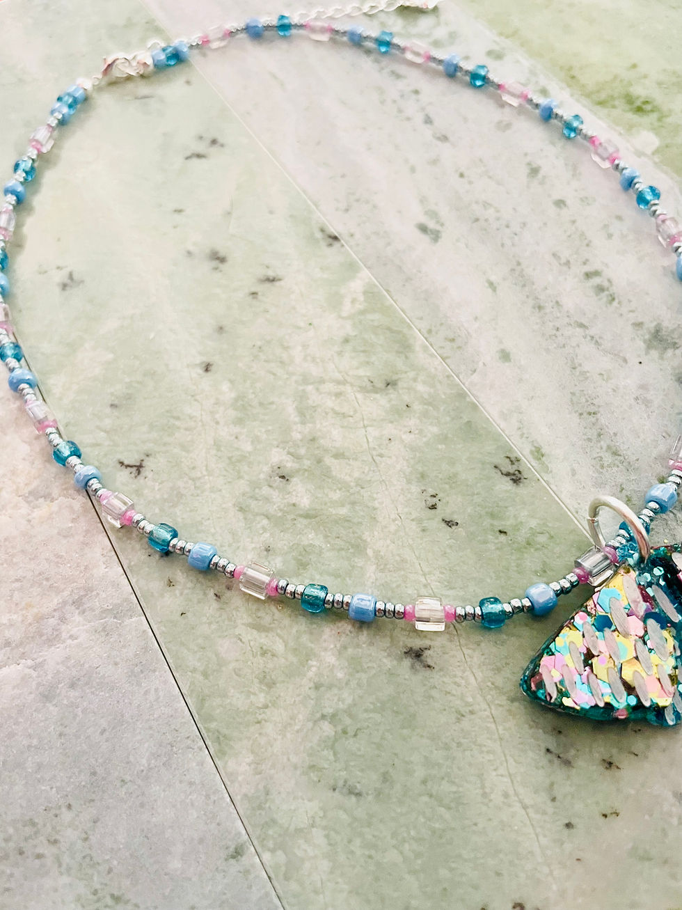 Thumbnail: "Midnight Flutter" Mixed Bead Necklace — Blue & Pink with Moth Charm