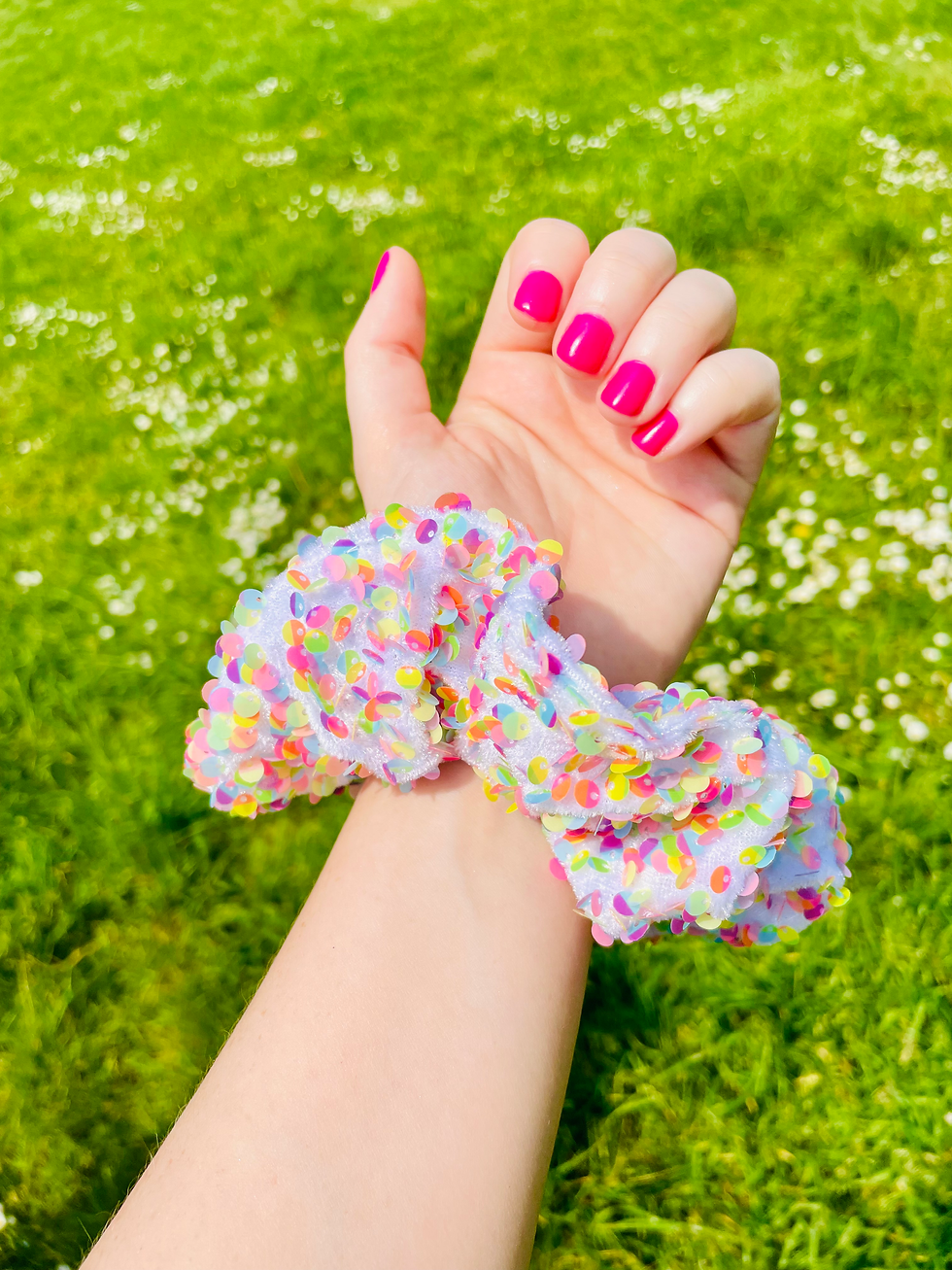 Thumbnail: Summer sprinkle sequin, white velvet scrunchie