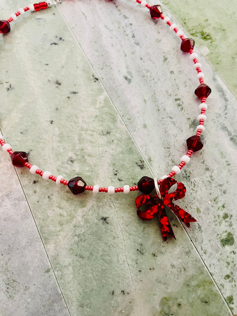 Thumbnail: The "Coquette & Candy" Mixed Bead Necklace — Red Bow Edition