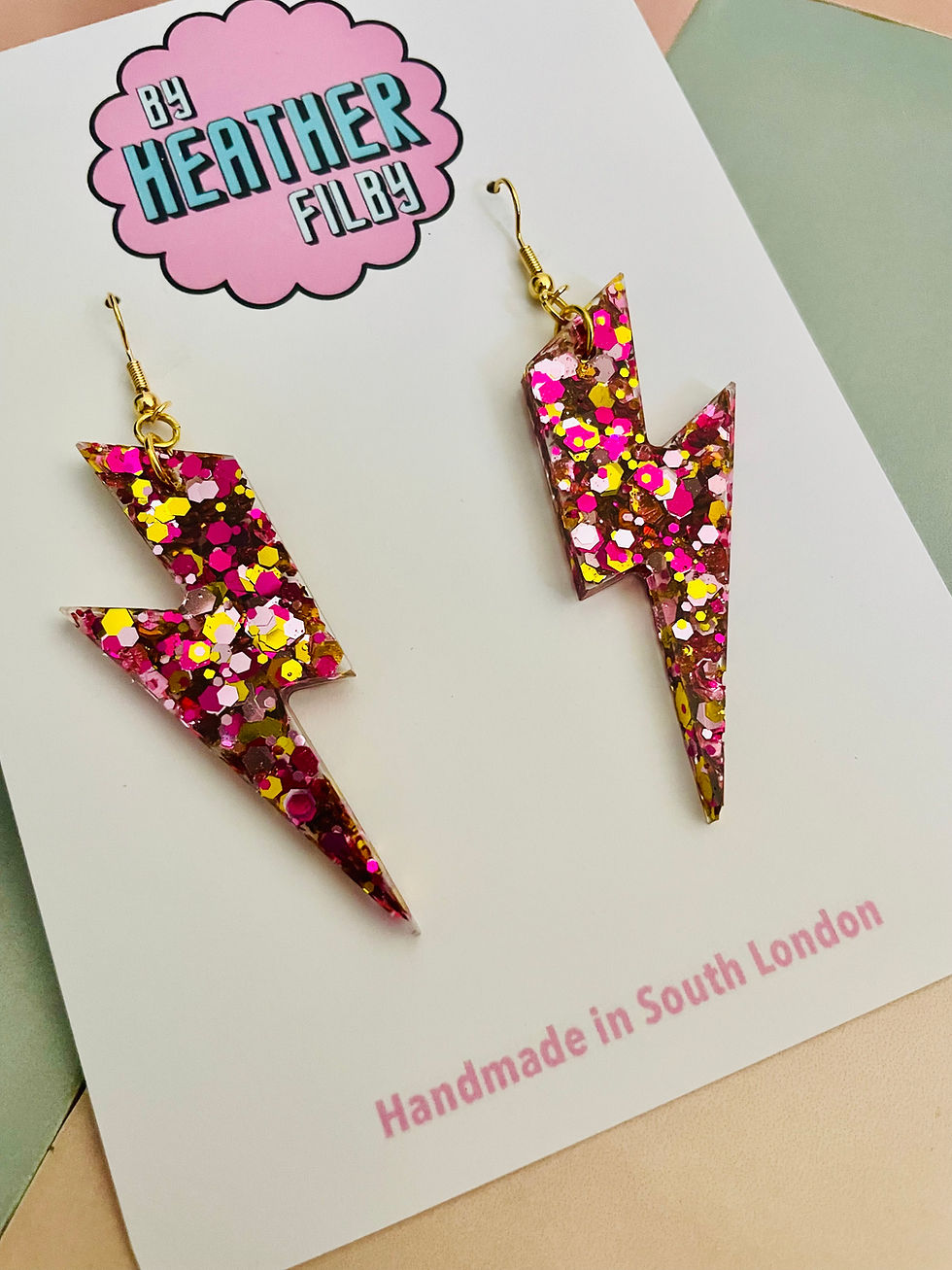 Thumbnail: Large Pink & Gold Glitter Lightning Bolt Earrings