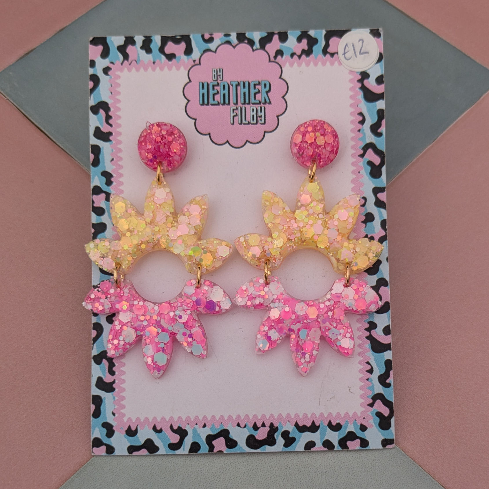 Pink and Yellow Flower Glitter Resin Earrings