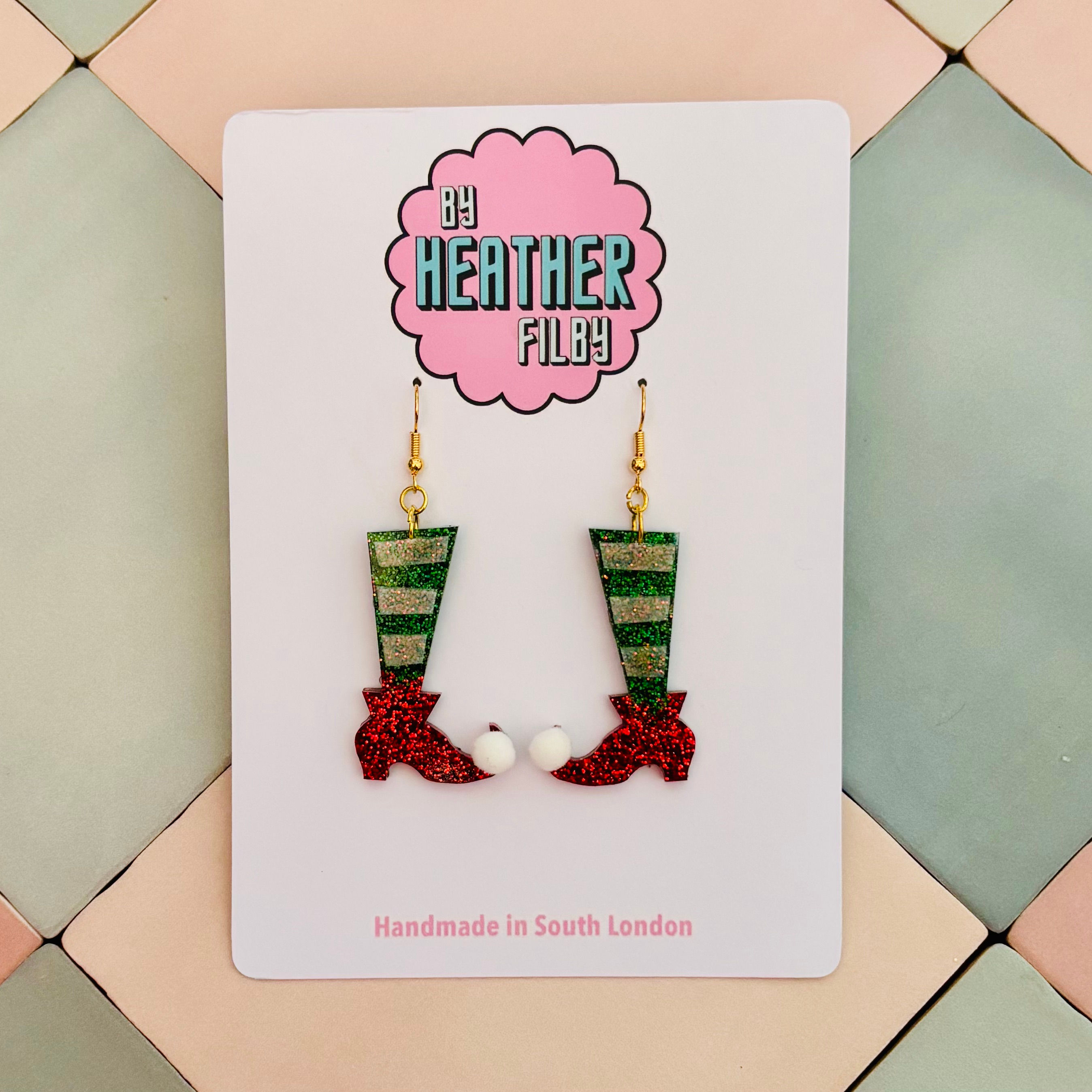 💚 Red and Green Elf Legs Christmas Glitter Earrings