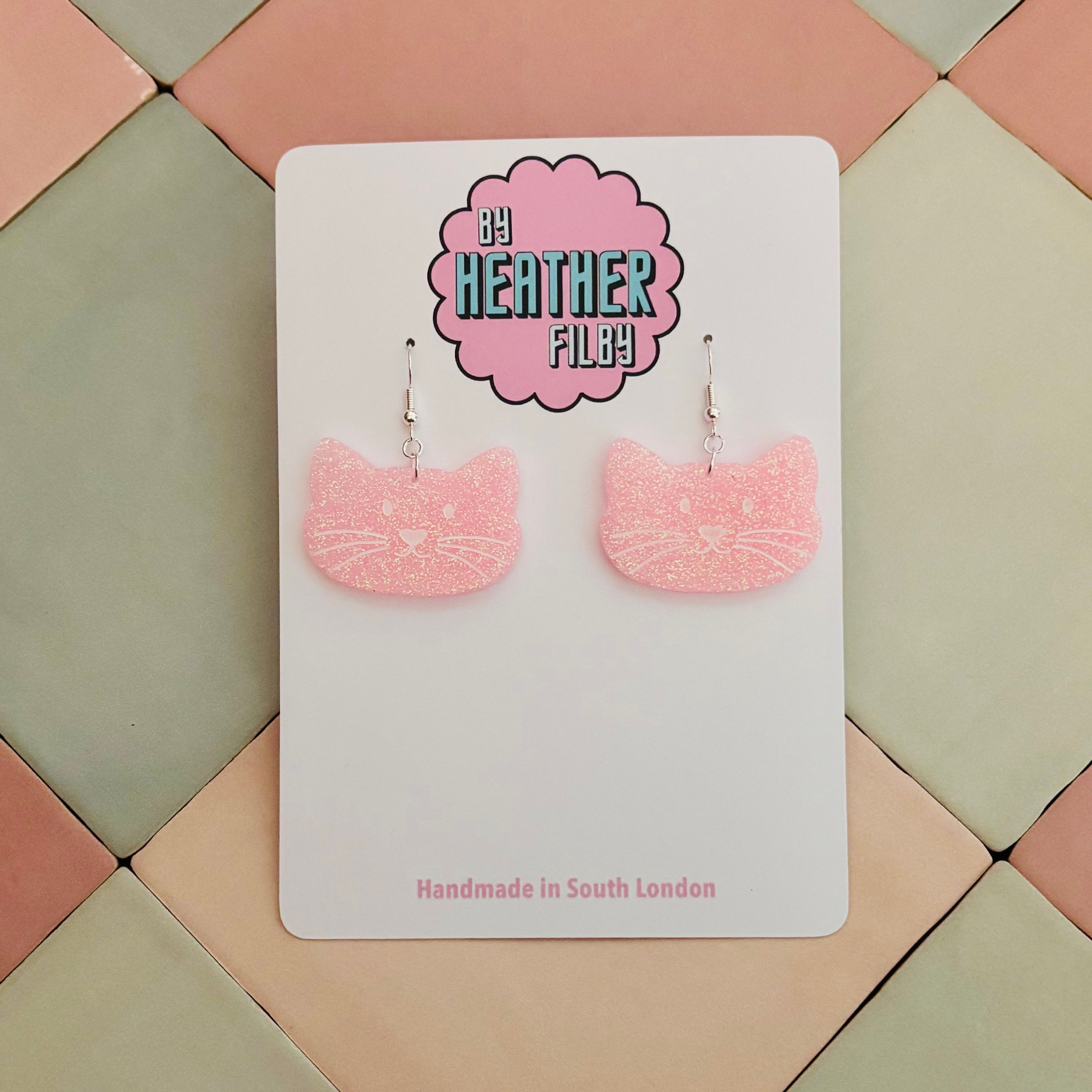 š± Pink Cat Glitter Resin Statement Earrings