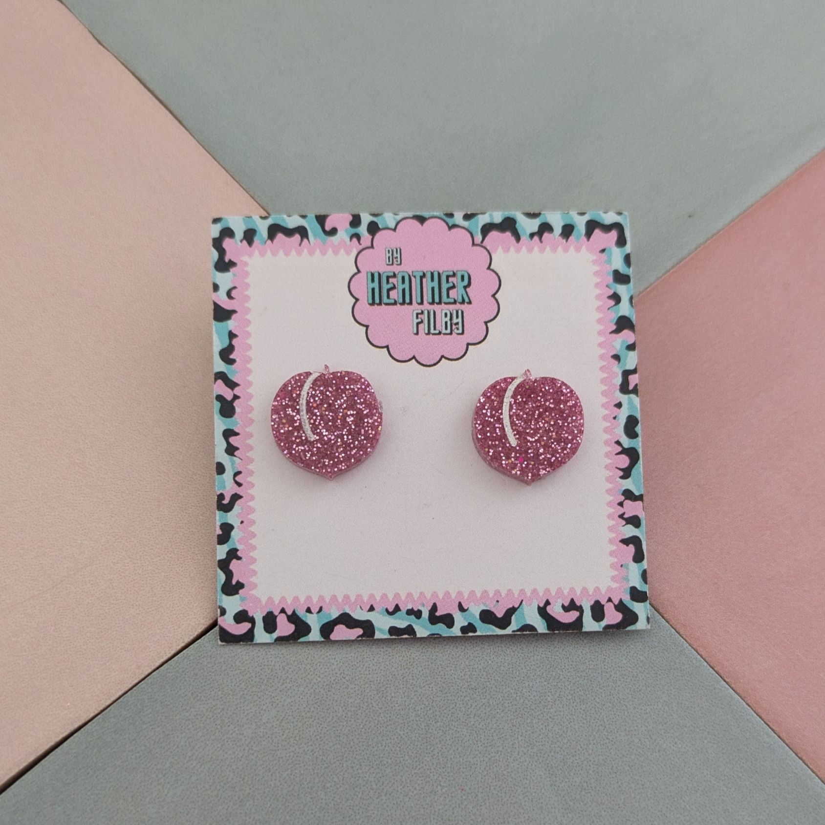 Pink Peach Glitter Resin Stud Earrings