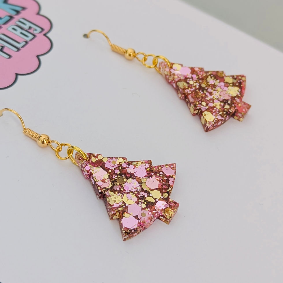 Thumbnail: Gold and Pink Glitter Christmas Tree Earrings