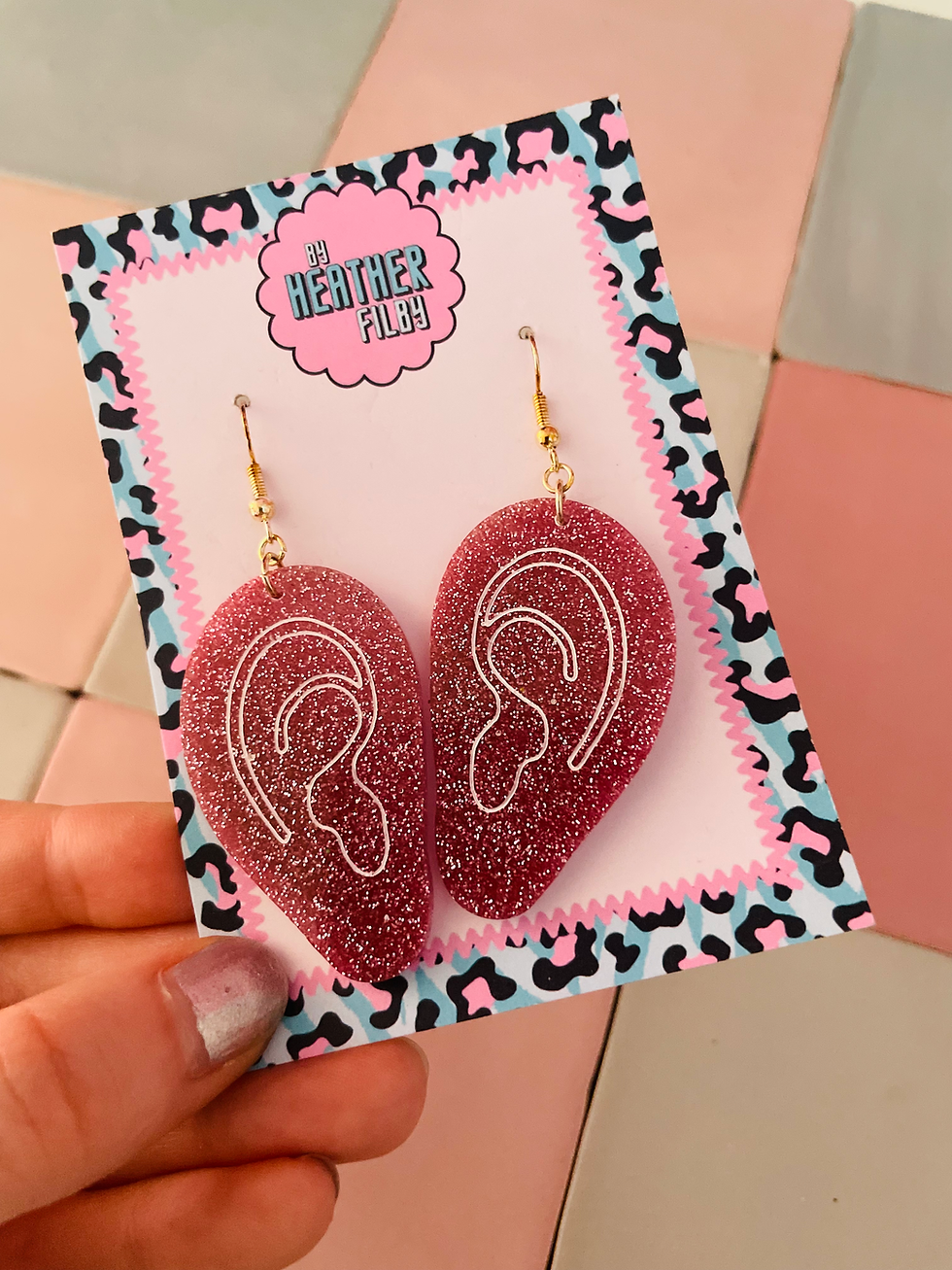 Thumbnail: Large Pink Ear Glitter Earrings