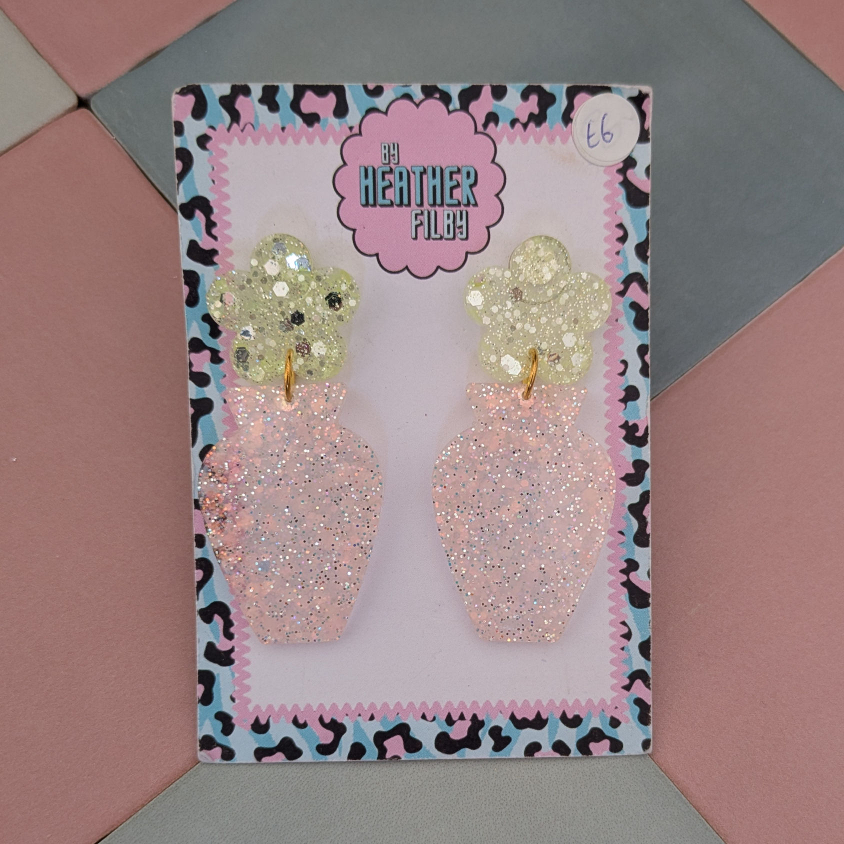 Yellow and Pink Vase with Flower Glitter Resin Earrings
