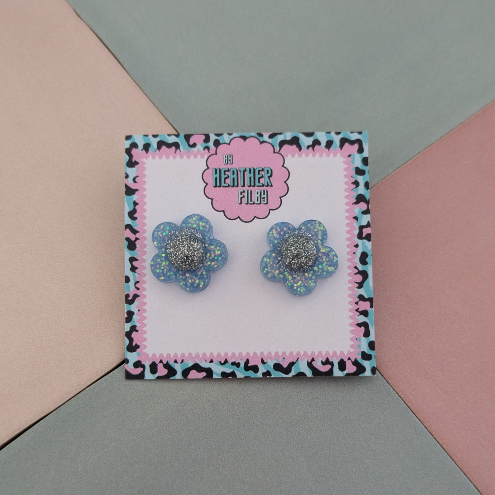 Blue Flower Glitter Resin Stud Earrings