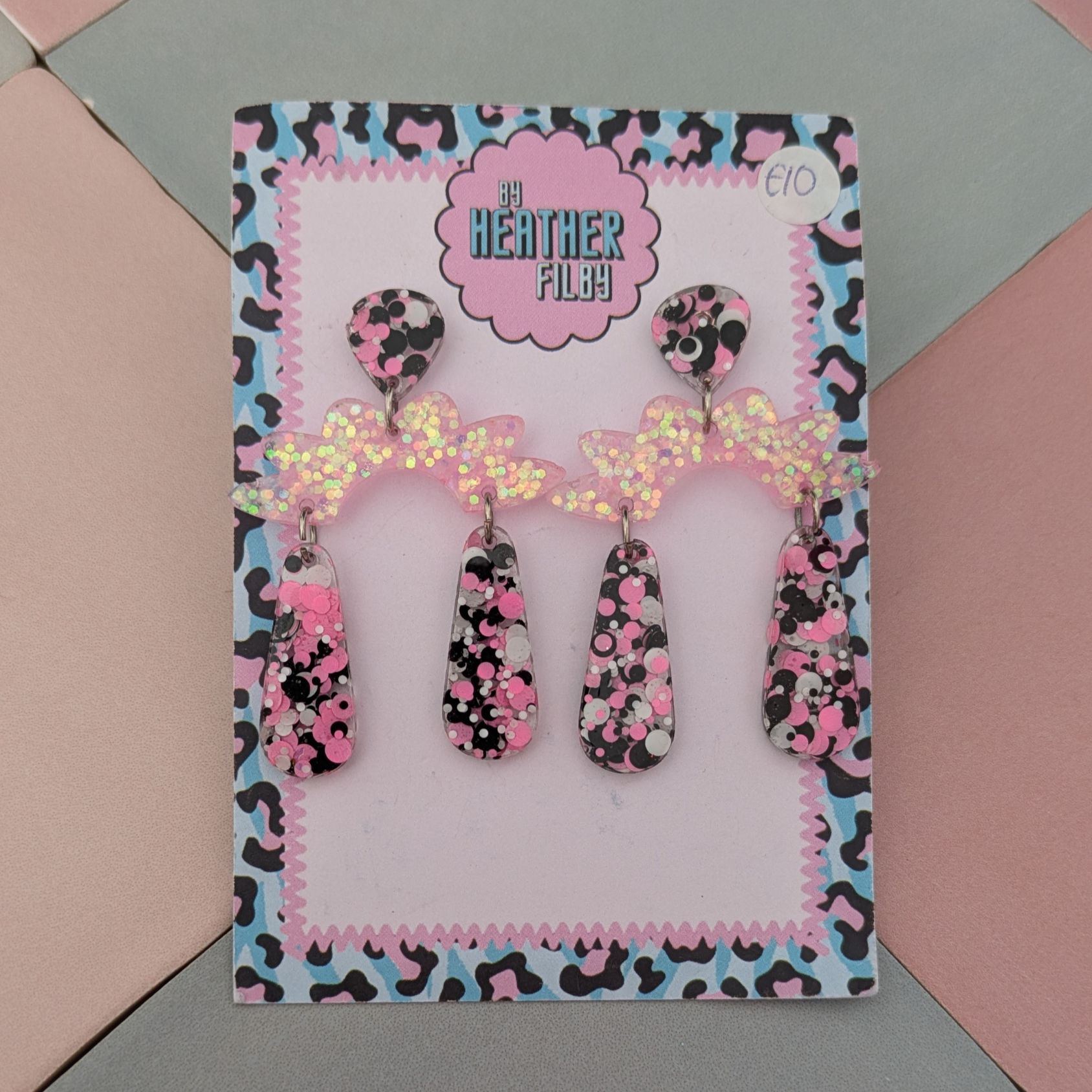 Black and Pink Geometric Glitter Resin Earrings