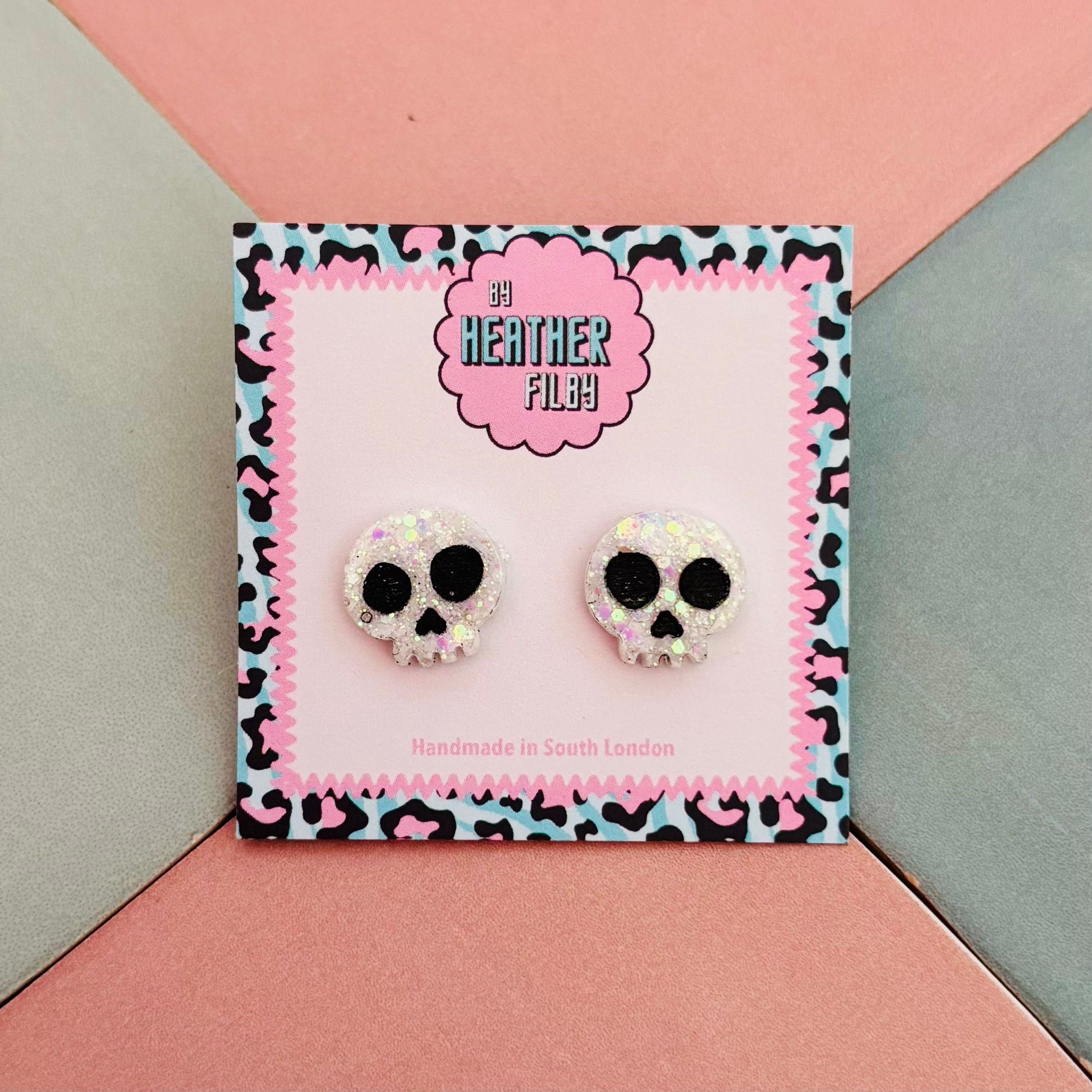 White Skeleton Skull Glitter Halloween Studs - BHF-HA012
