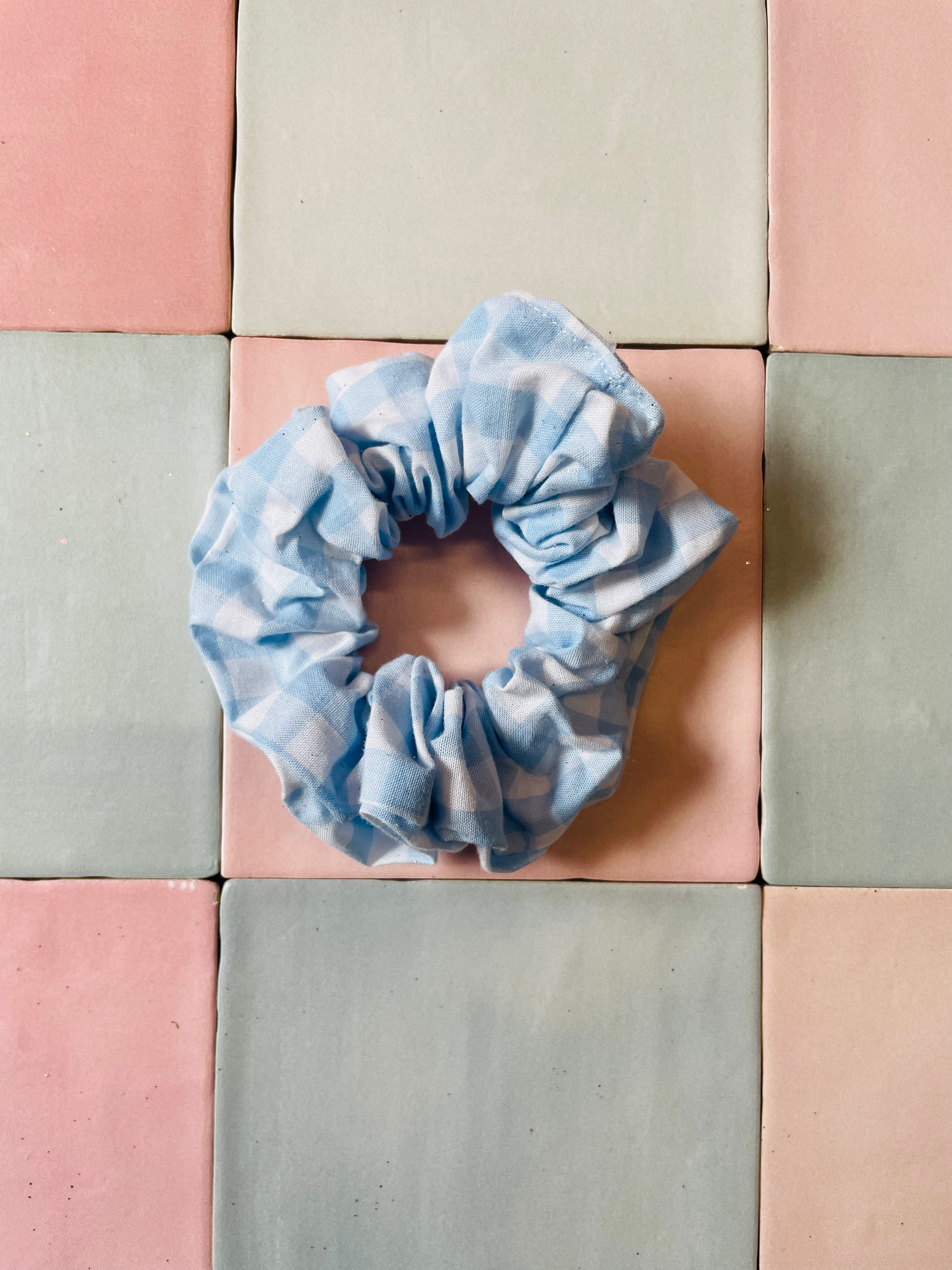 Blue Gingham Cotton Hair Scrunchie