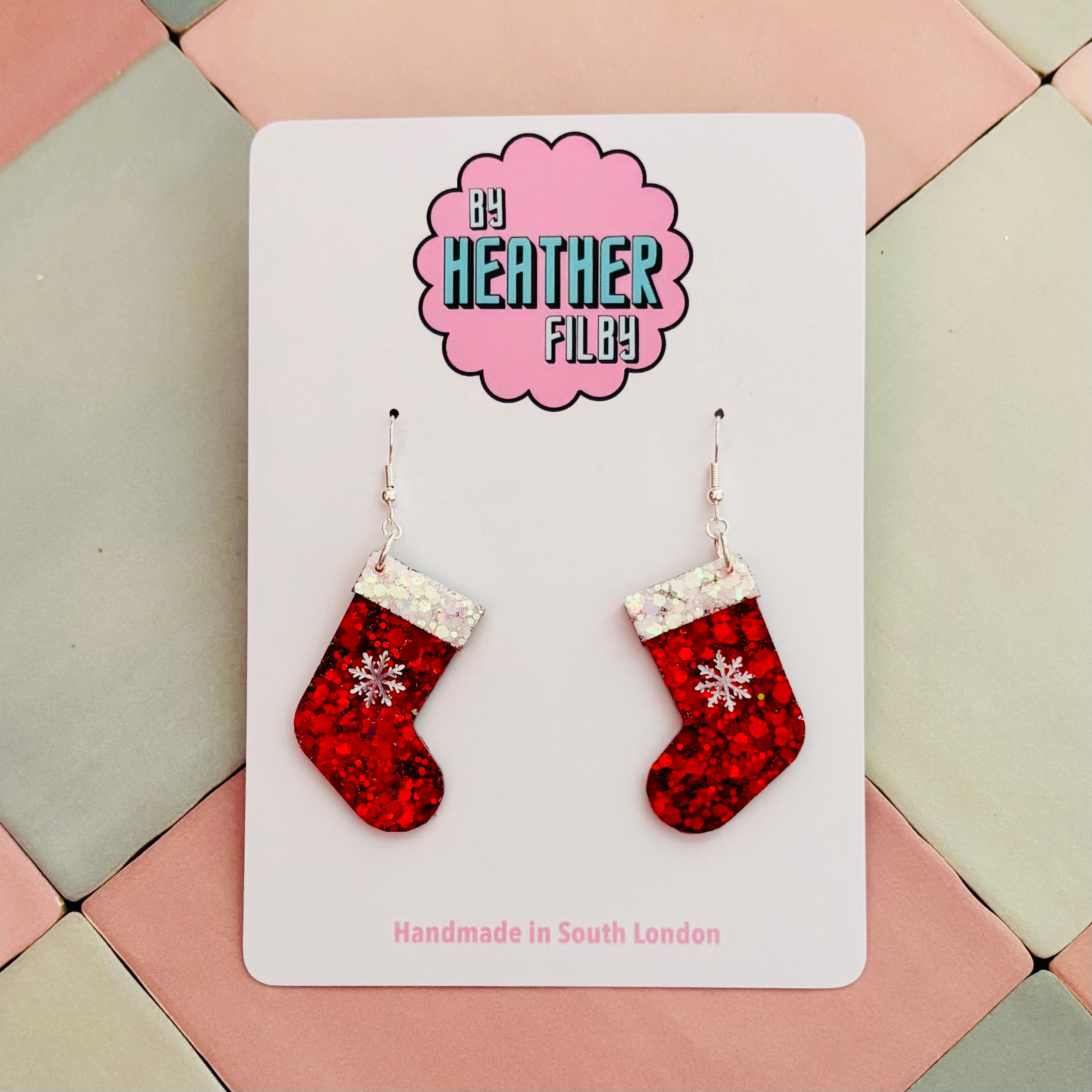 🎅 Red and White Christmas Stocking Glitter Earrings