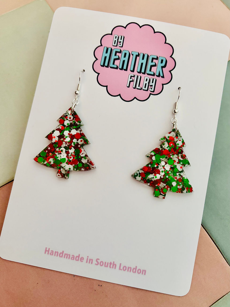 Thumbnail: 🎄 White, Green and Red Christmas Tree Glitter Resin EarringsEarrings