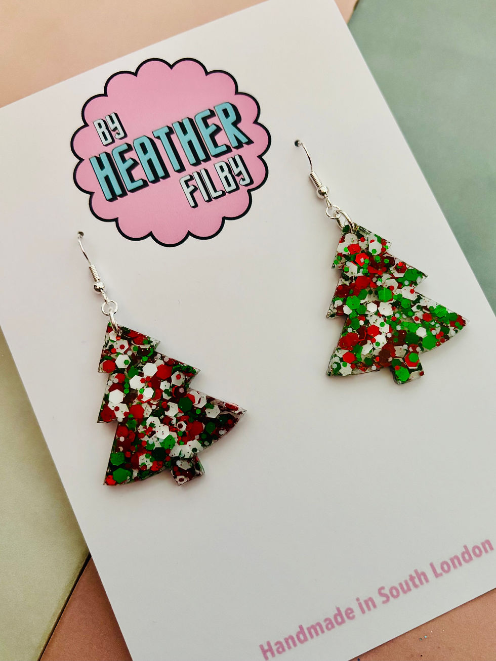 Thumbnail: 🎄 White, Green and Red Christmas Tree Glitter Resin EarringsEarrings