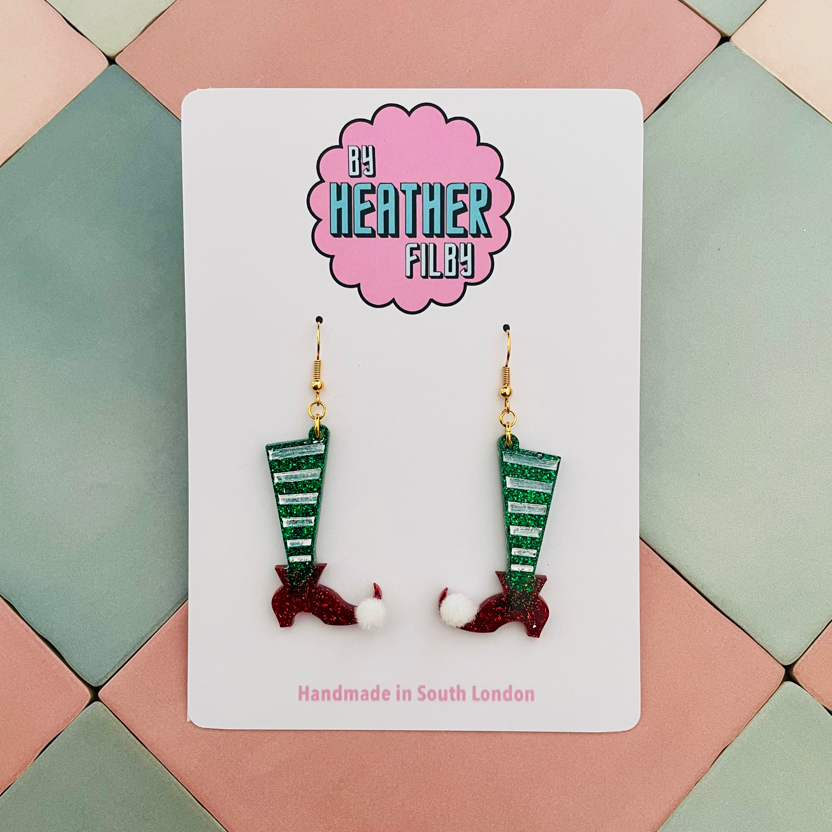 Red and Green Elf Leg Earrings with White Pom Pom