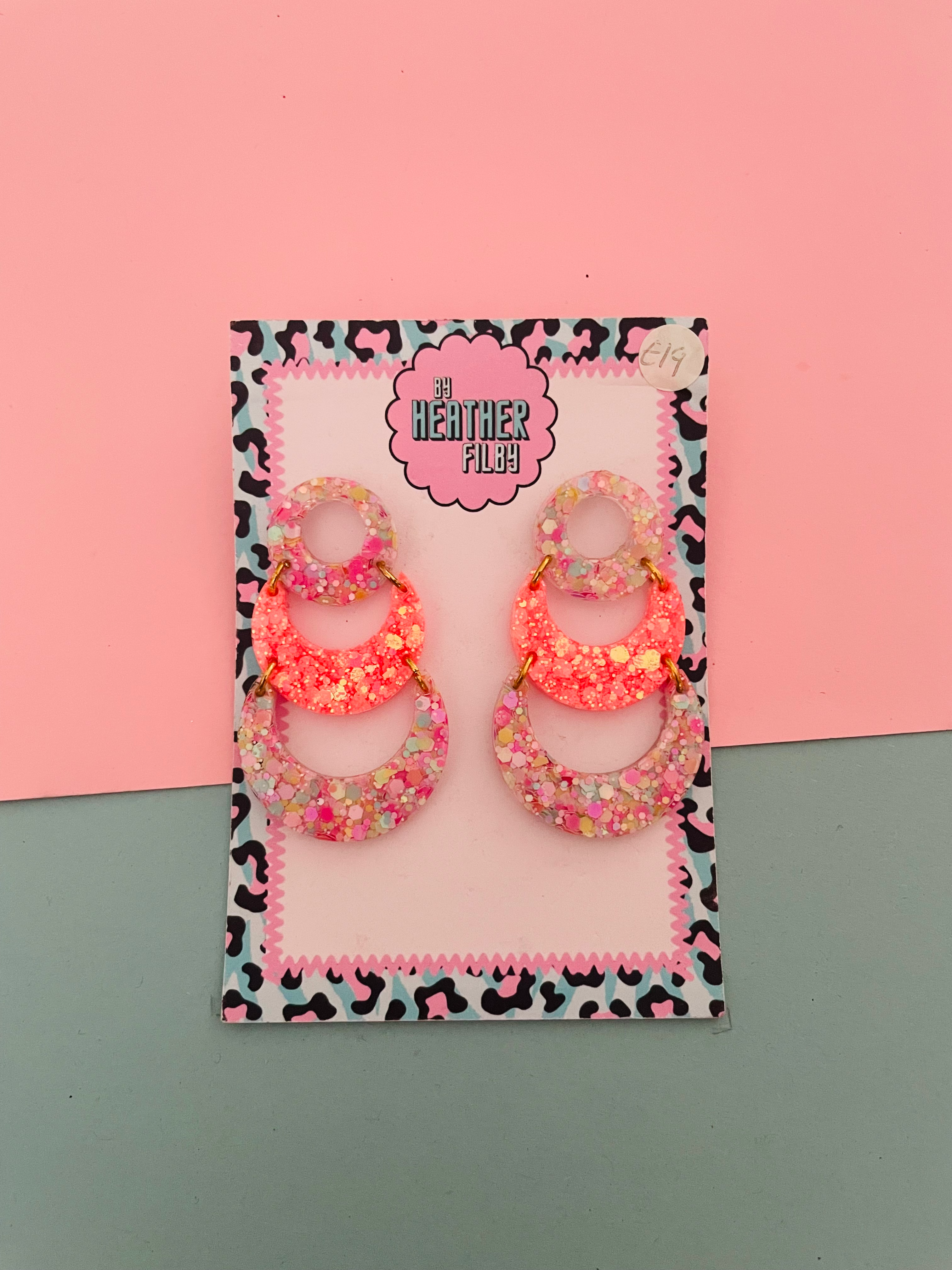 Coral Geometric Glitter Resin Earrings