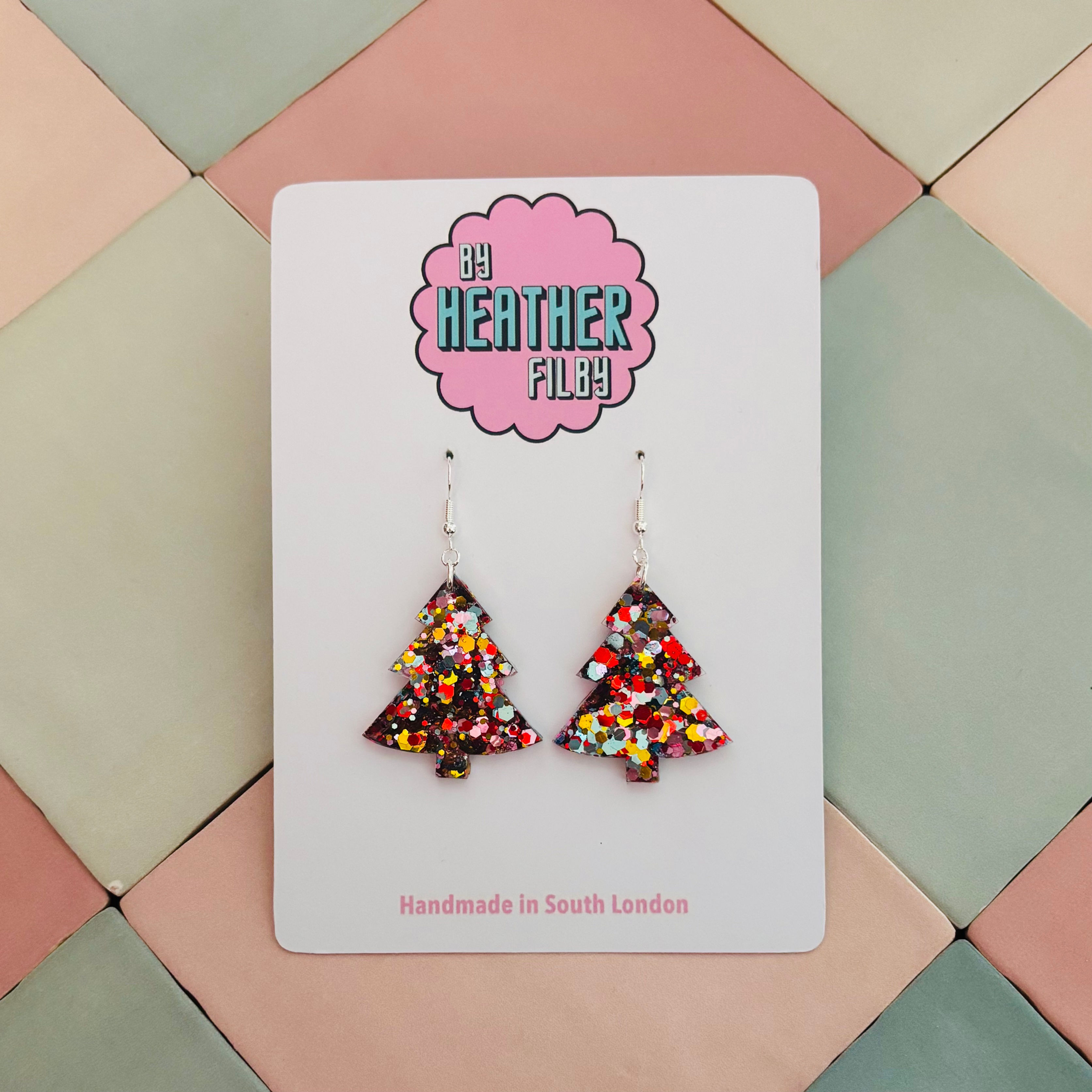 ❄️ Large Silver, Gold & Red Christmas Tree Glitter Resin Earrings -BHF-C0112