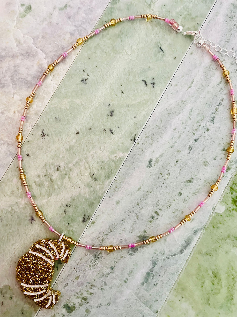 Thumbnail: The "Sunrise in Paris" Mixed Bead Necklace — Gold & Pink Croissant