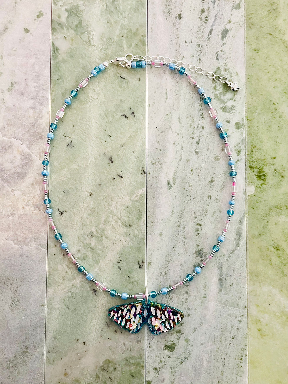 Thumbnail: "Midnight Flutter" Mixed Bead Necklace — Blue & Pink with Moth Charm